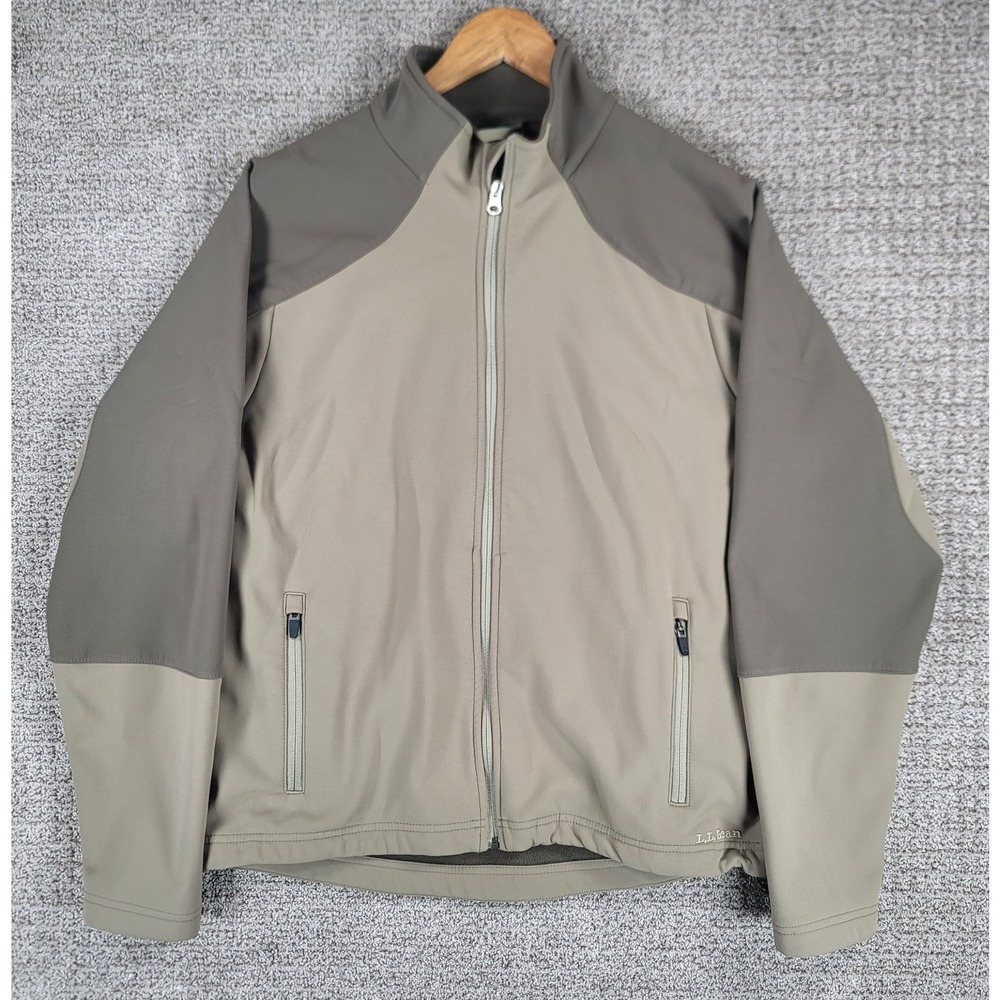 LL Bean Mens Zip Soft Shell Jacket Medium Brown Tan Fleece Lined Soft Shell Coat